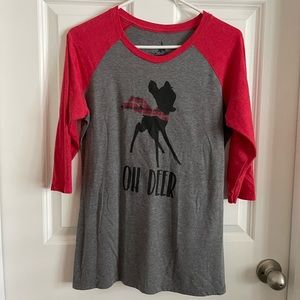 Disney Bambi Christmas 3/4 Sleeve T-Shirt. Size M, Gray/Red.